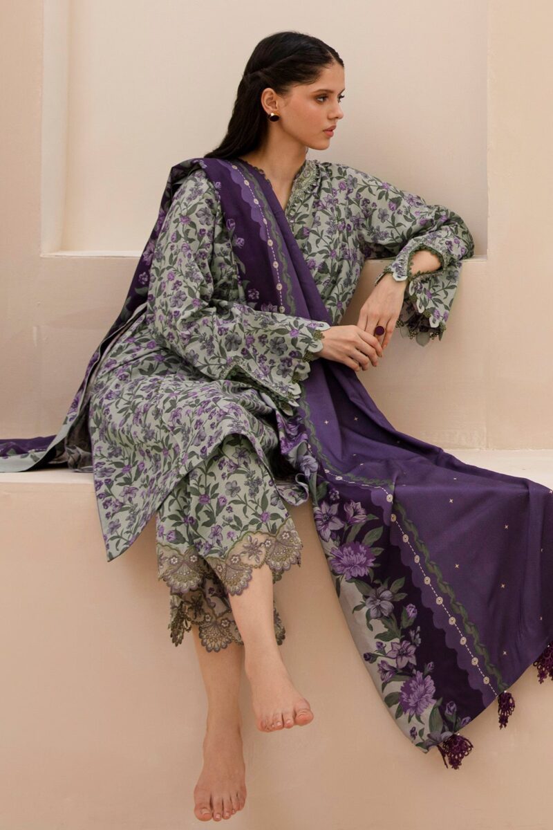 BAROQUE-3PC Karandi Outfit with Digital Print Shirt and Matching Dupatta & Trouser. - Image 3