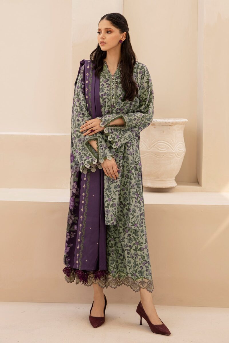 BAROQUE-3PC Karandi Outfit with Digital Print Shirt and Matching Dupatta & Trouser.