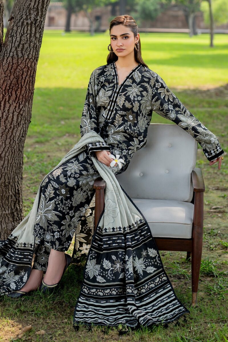 BAROQUE-3PC Karandi Outfit with Digital Print Shirt and Matching Dupatta & Trouser. - Image 2