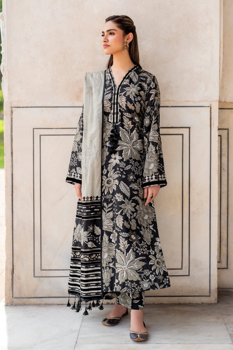 BAROQUE-3PC Karandi Outfit with Digital Print Shirt and Matching Dupatta & Trouser. - Image 3