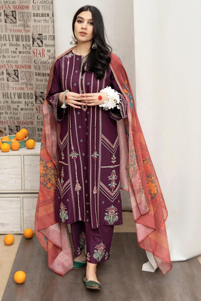 URGE - 3PC DHANAK EMBROIDERED SHIRT WITH PASHMINA PRINTED SHAWL AND EMBROIDERED TROUSER. - Image 2