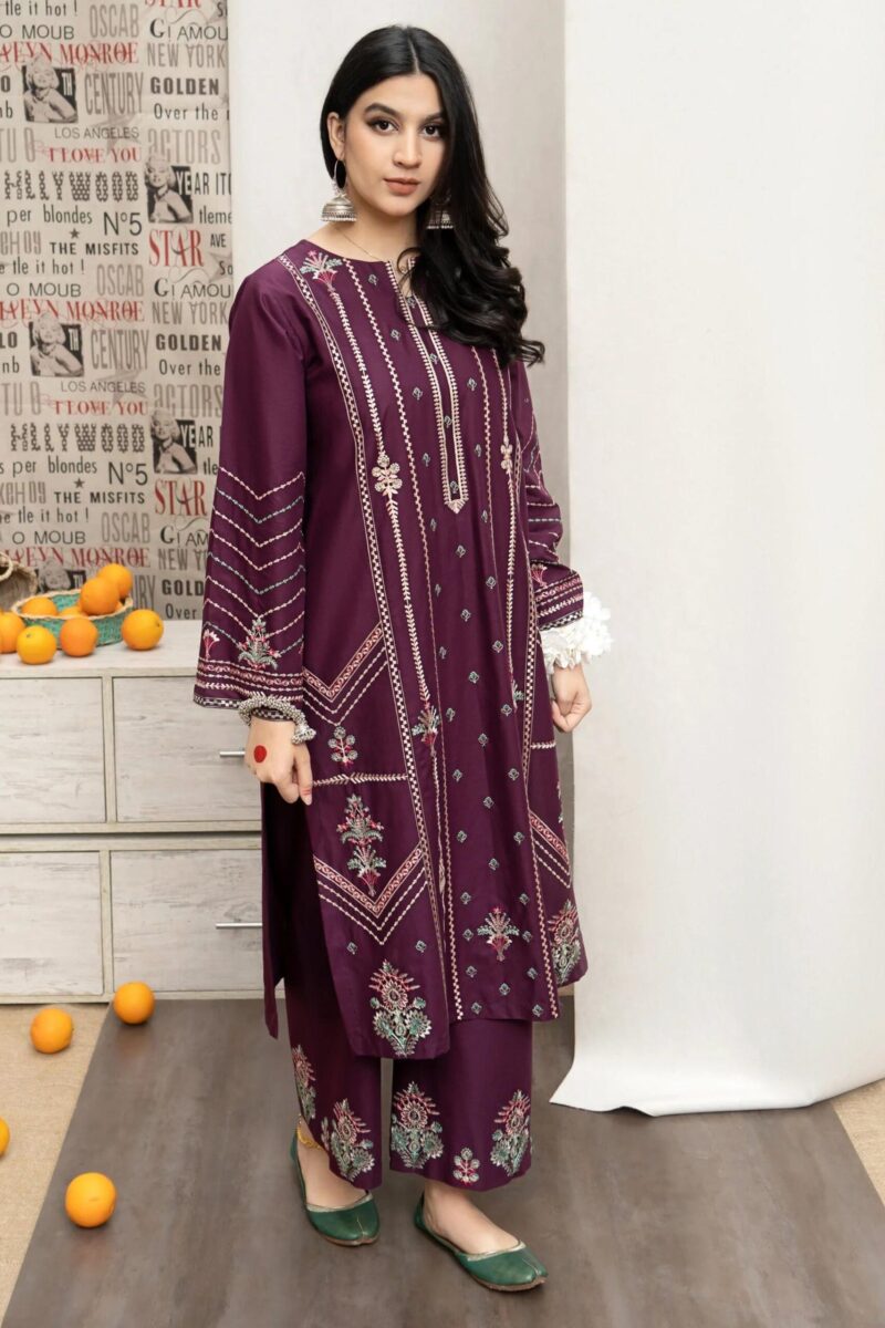 URGE - 3PC DHANAK EMBROIDERED SHIRT WITH PASHMINA PRINTED SHAWL AND EMBROIDERED TROUSER. - Image 5