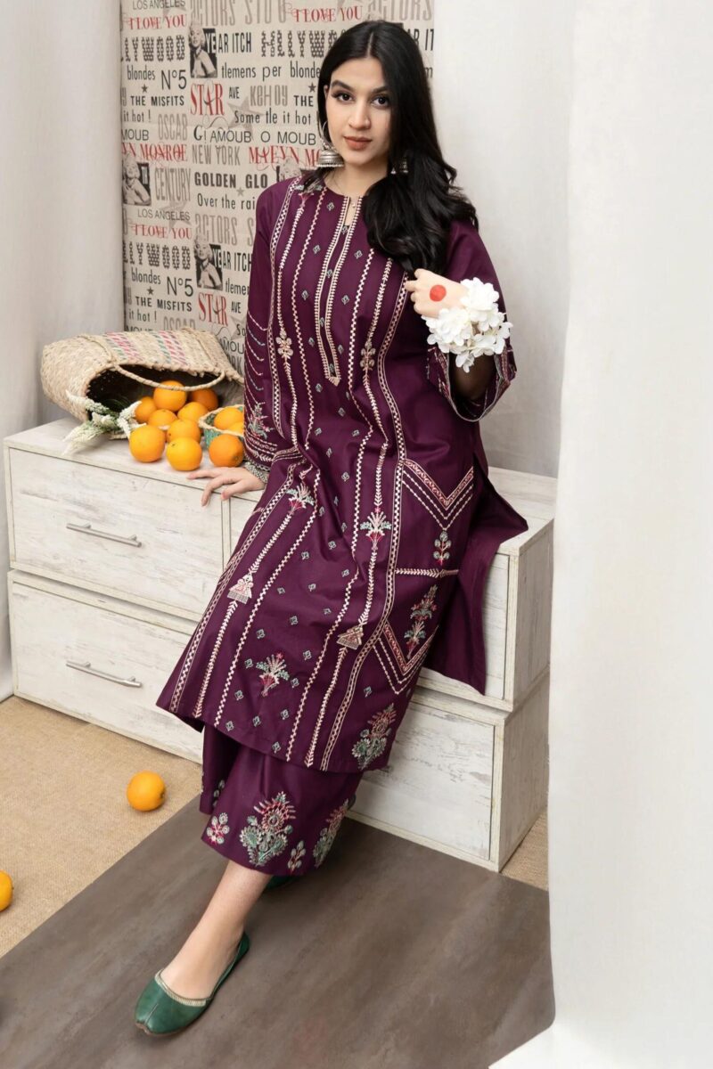 URGE - 3PC DHANAK EMBROIDERED SHIRT WITH PASHMINA PRINTED SHAWL AND EMBROIDERED TROUSER.