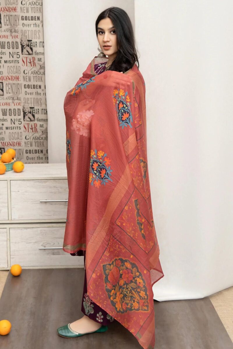 URGE - 3PC DHANAK EMBROIDERED SHIRT WITH PASHMINA PRINTED SHAWL AND EMBROIDERED TROUSER. - Image 6