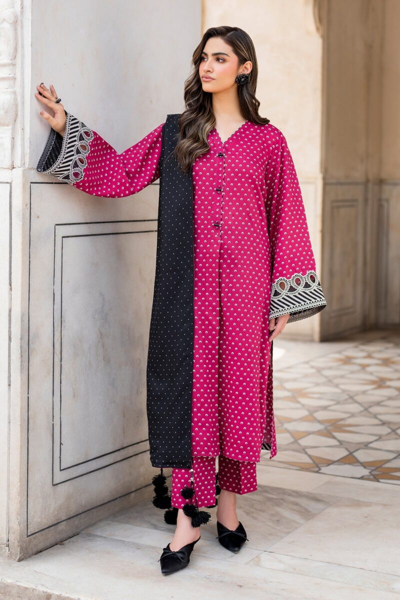 BAROQUE-3PC Karandi Outfit with Digital Print Shirt and Matching Dupatta & Trouser. - Image 2