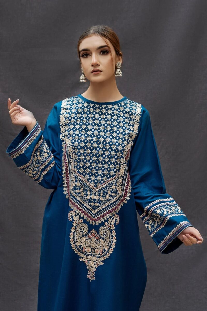 URGE - 3PC DHANAK Embroidered shirt with printed shawl and trousers. - Image 2