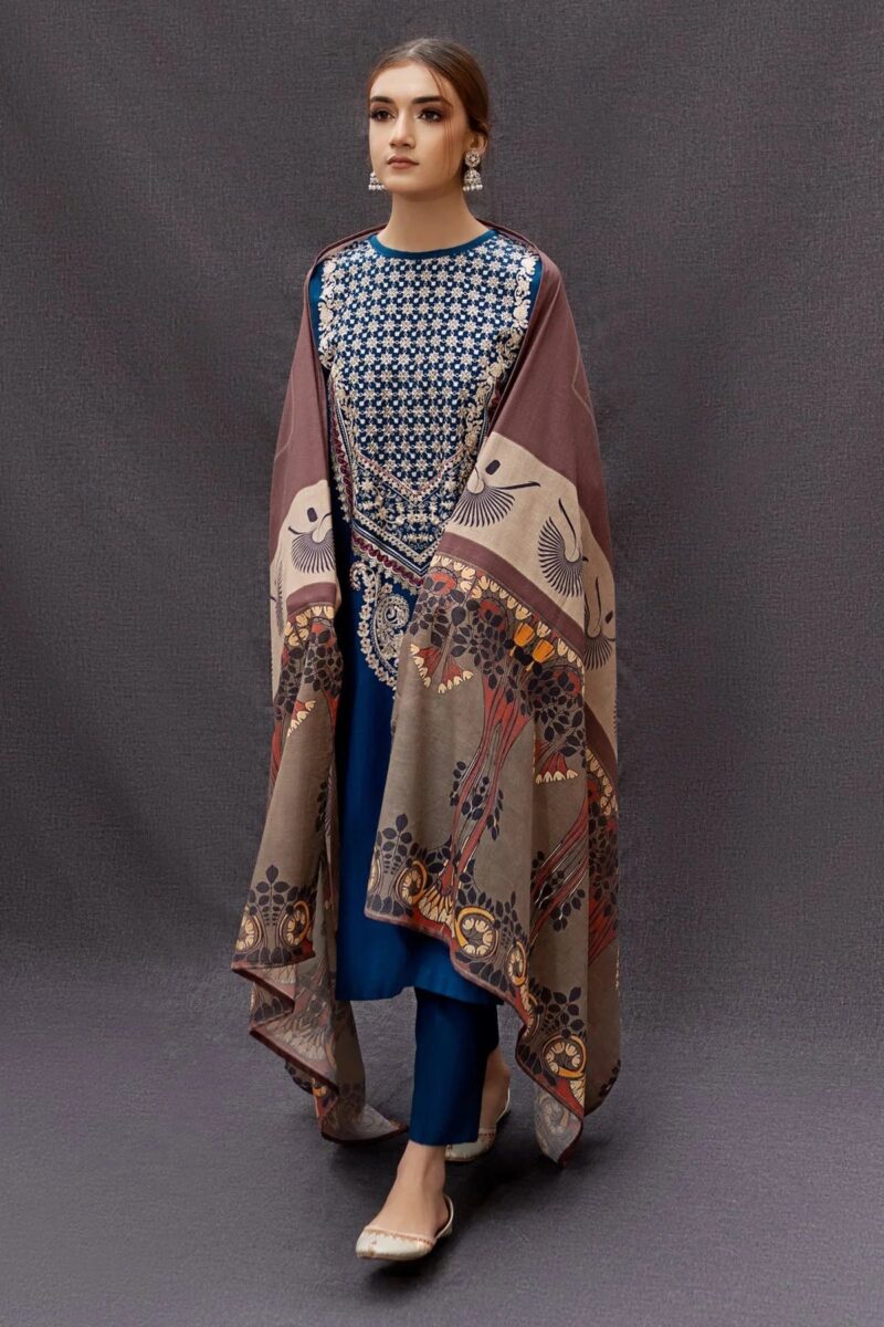 URGE - 3PC DHANAK Embroidered shirt with printed shawl and trousers.