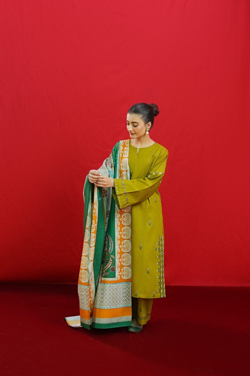 URGE- 3PC UNSTICHED Embroidered Shirt and Trouser with Printed Whool Shawl. - Image 6