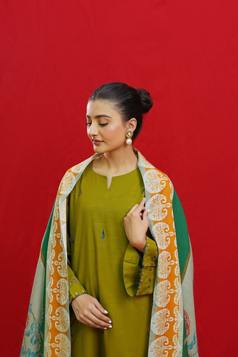 URGE- 3PC UNSTICHED Embroidered Shirt and Trouser with Printed Whool Shawl. - Image 2