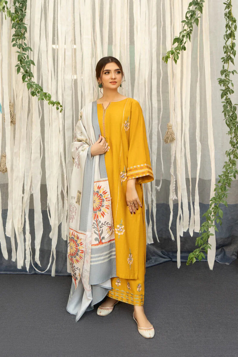 URGE - 3-PC Unstitched Dhanak Embroidered Shirt with Digital Printed Pashmina Wool Shawl and Embroidered Trousers.