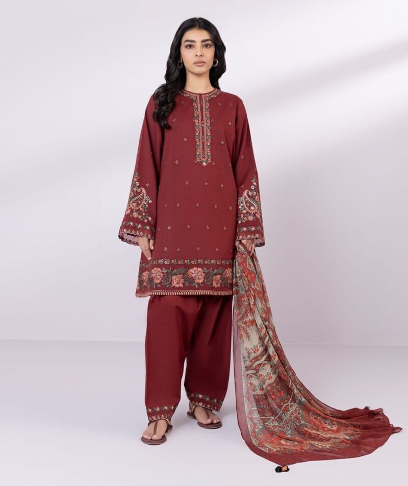 Nisa 3PC Unstiched DHANAK Embroidered Front and Printed Trouser.