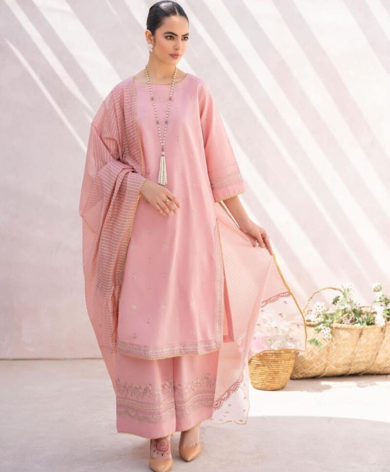 Dyot, Unstitched 3PC Embroidered Shirt, Dupatta, and Trouser Set.