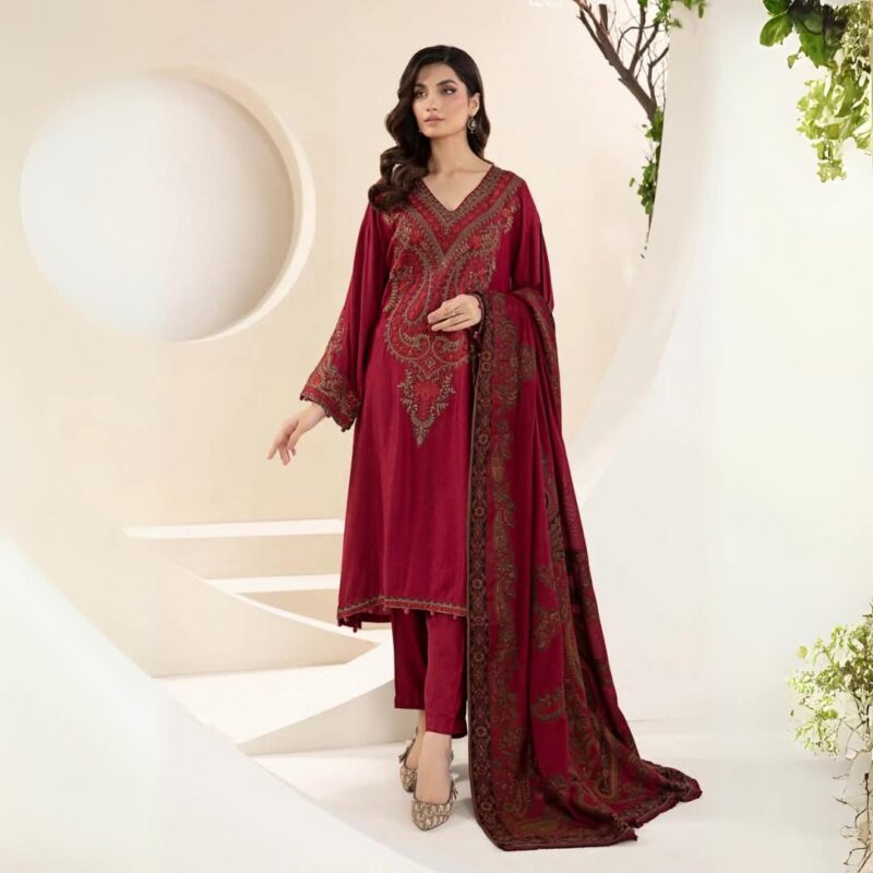 - 3PC Unstitched Dhanak Embroidered Shirt with Digital Printed Dupatta and Trouser - KW1501