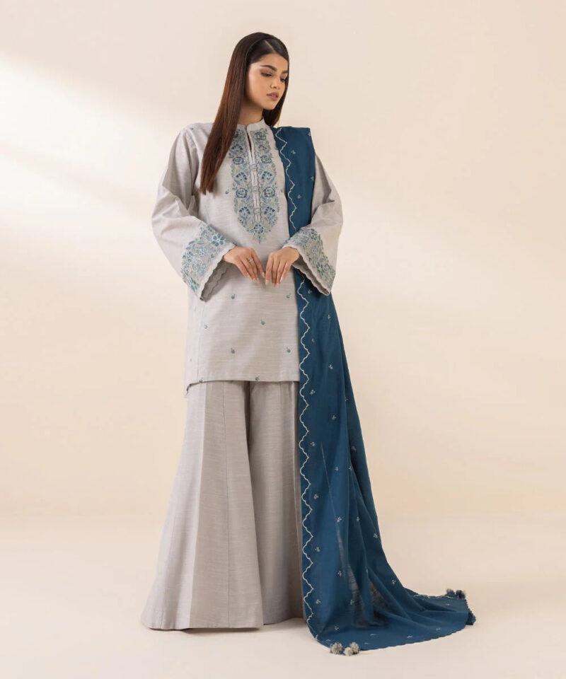 Sapphire 3PC Unstiched Embroidered Shirt and Embroidered Karandi Shawl with Plain Trouser.