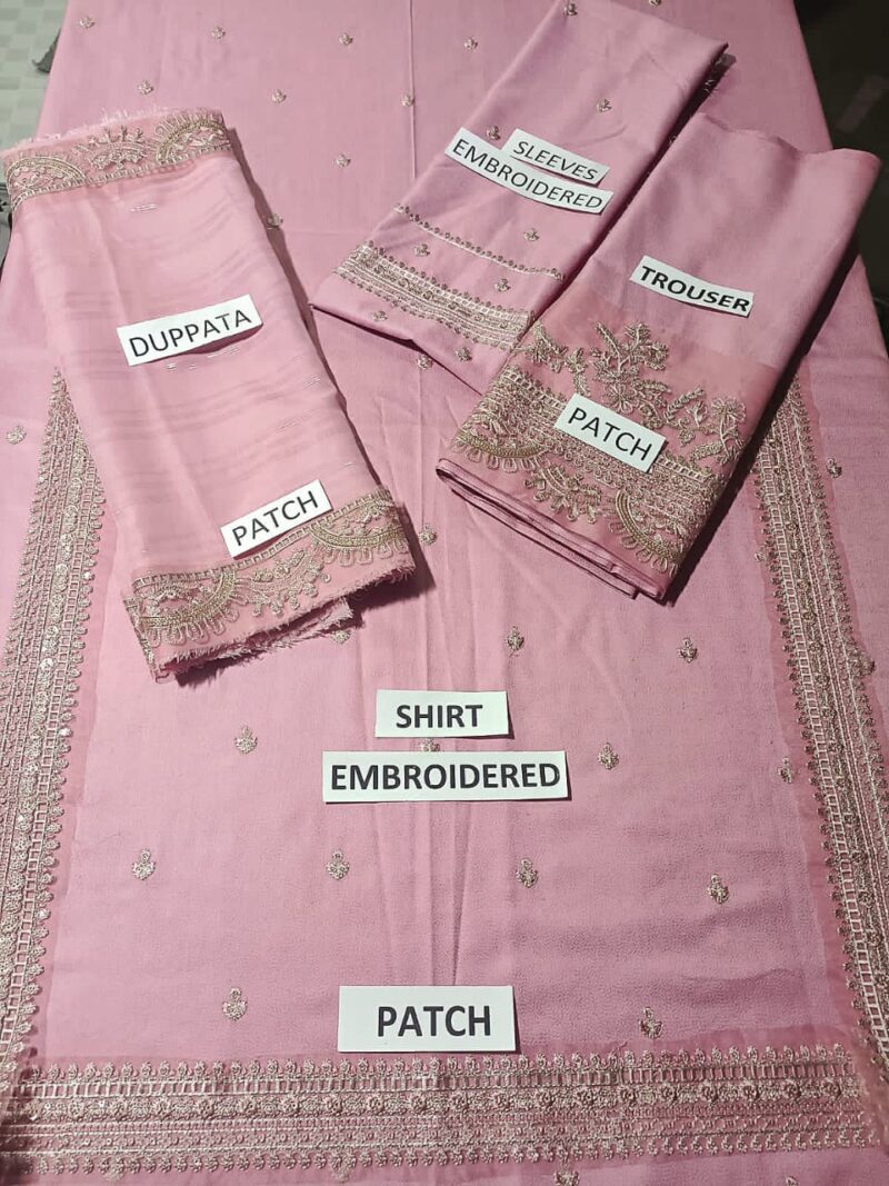 Dyot, Unstitched 3PC Embroidered Shirt, Dupatta, and Trouser Set. - Image 3